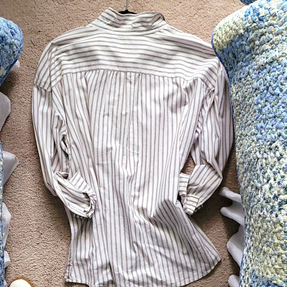 J.Jill XL White & Tan Stripe Casual Button Down Tunic - Picture 4 of 9